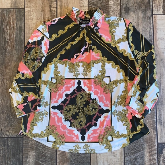 7th Ave design studio NY & Co Women's Black, Pink, and Gold Baroque Blouse - Picture 2 of 11